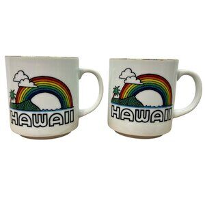 Vintage 8oz Glass Hawaii Rainbow‎ Coffee Mugs Tea Cups W/ Gold Rim Set Of 2